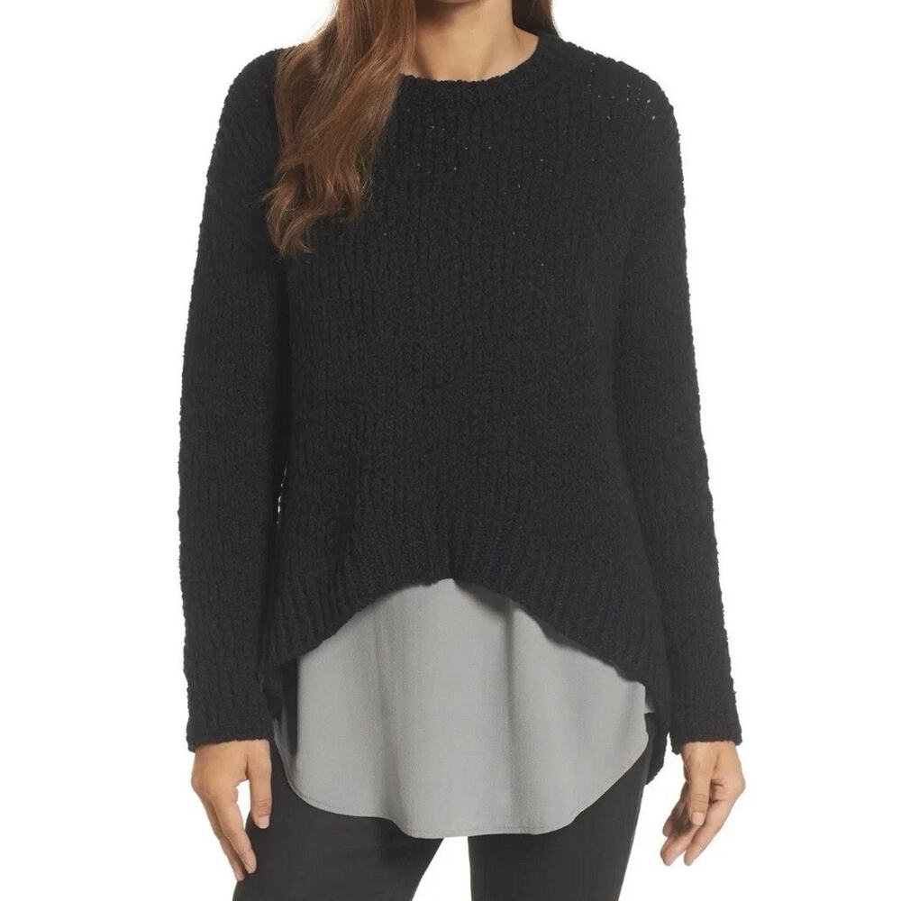 Eileen Fisher Black Peruvian Organic Cotton Crimp High Low Sweater PM